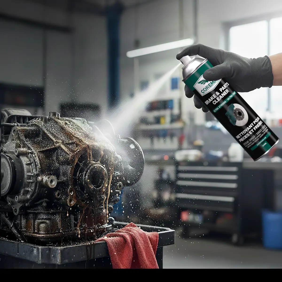Coremax Brake Cleaner being applied to brake assembly